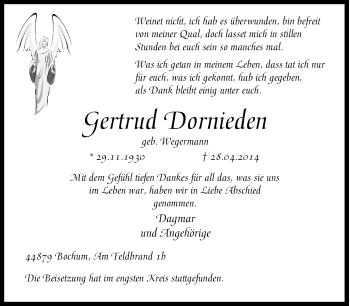 Traueranzeige von Gertrud Dornieden von Tageszeitung