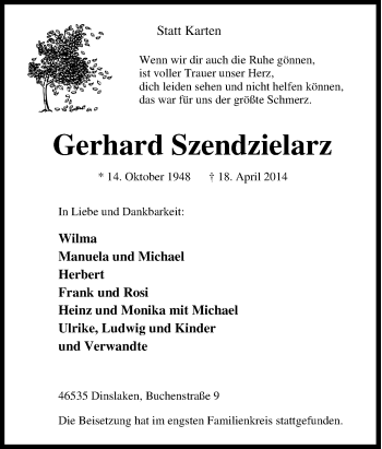 Traueranzeige von Gerhard Szendzielarz von Tageszeitung
