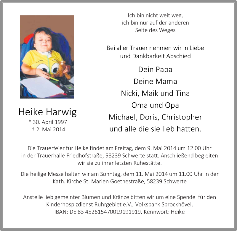  Traueranzeige für Heike Harwig vom 07.05.2014 aus Tageszeitung