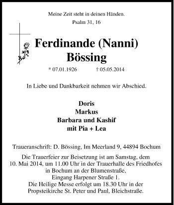 Traueranzeige von Ferdinande Bössing von Tageszeitung