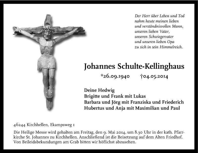 Traueranzeige für Johannes Schulte-Kellinghaus vom 07.05.2014 aus Tageszeitung