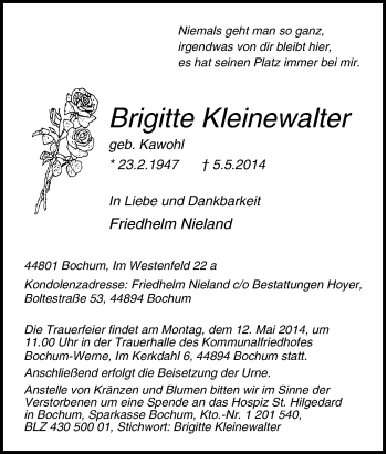Traueranzeige von Brigitte Kleinewalter von Tageszeitung