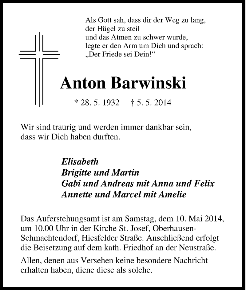  Traueranzeige für Anton Barwinski vom 08.05.2014 aus Tageszeitung