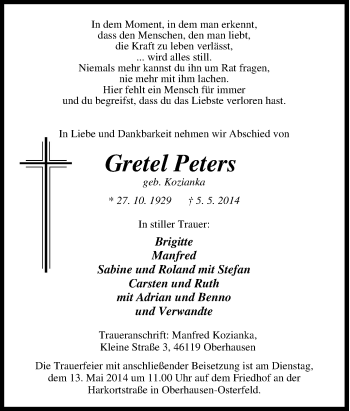 Traueranzeige von Gretel Peters von Tageszeitung