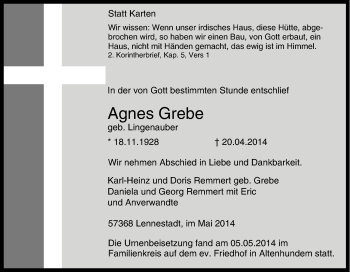 Traueranzeige von Agnes Grebe von Tageszeitung