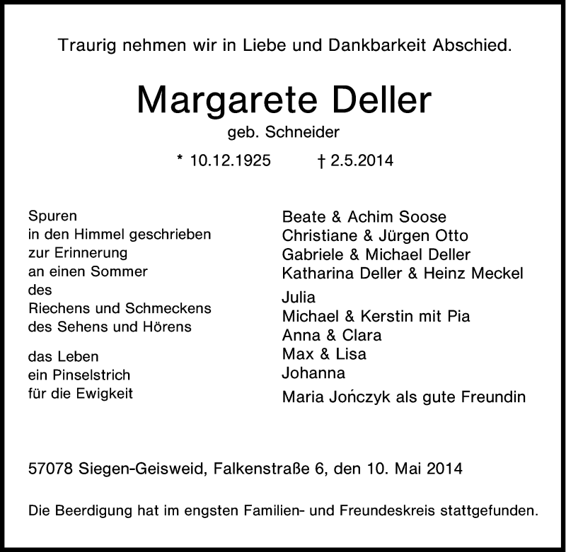  Traueranzeige für Margarete Deller vom 10.05.2014 aus Tageszeitung