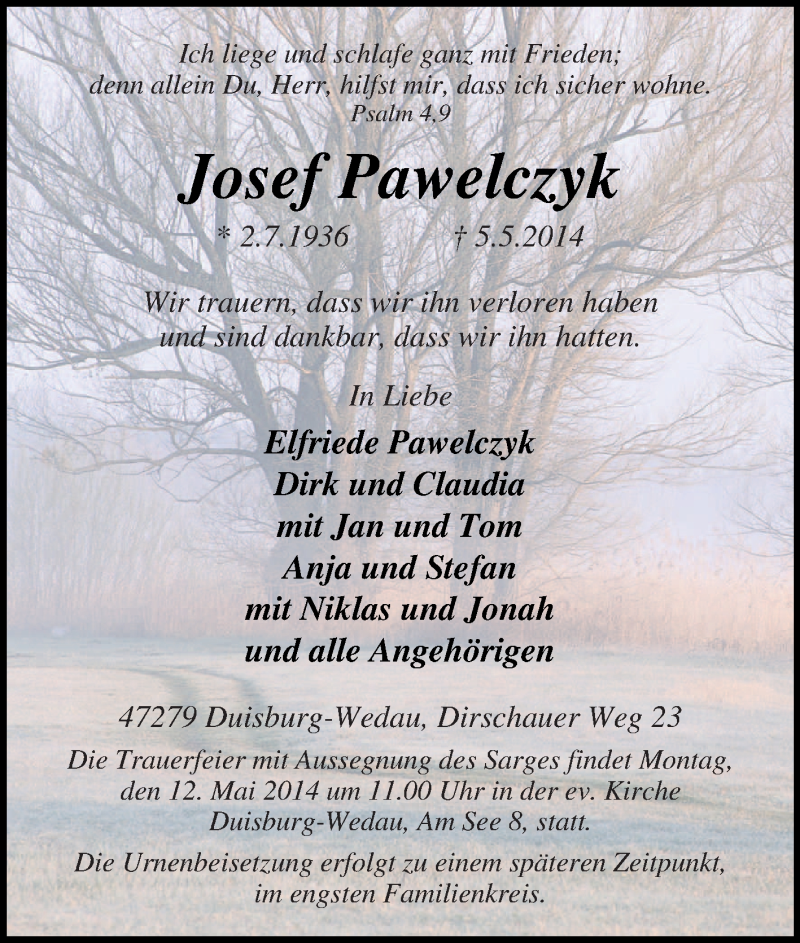 Traueranzeige für Josef Pawelczyk vom 08.05.2014 aus Tageszeitung