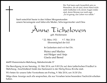 Traueranzeige von Anne Tickeloven von Tageszeitung