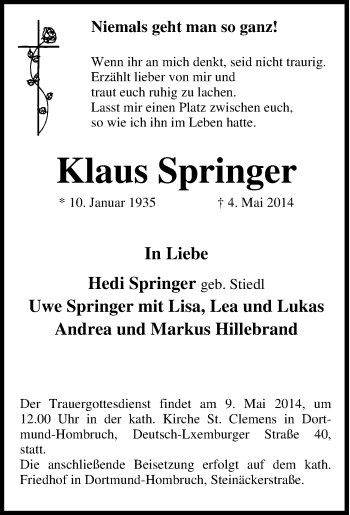 Traueranzeige von Klaus Springer von Tageszeitung