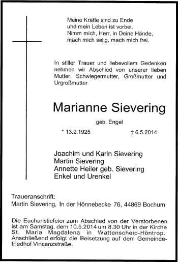 Traueranzeige von Marianne Sievering von Tageszeitung