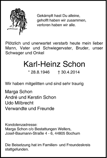 Traueranzeige von Karl-Heinz Schon von Tageszeitung