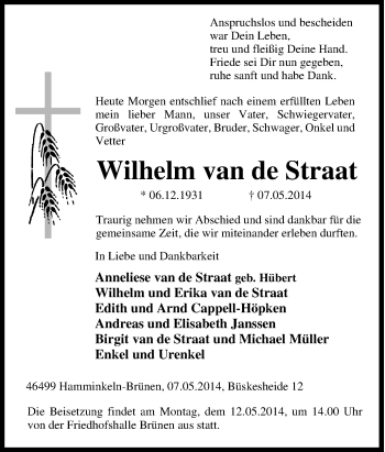 Traueranzeige von Wilhelm van deStraat von Tageszeitung