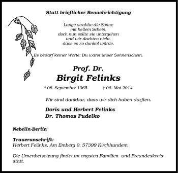 Traueranzeige von Birgit Felinks von Tageszeitung