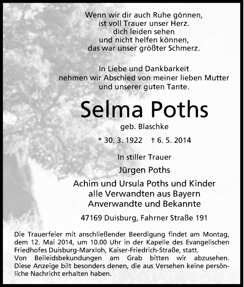  Traueranzeige für Selma  Poths  vom 10.05.2014 aus Tageszeitung