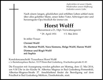 Traueranzeige von Horst Wolff von Tageszeitung
