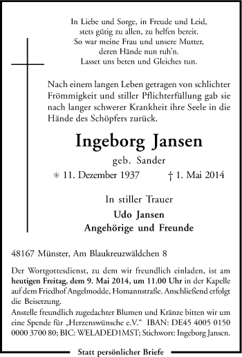 Traueranzeige von Ingeborg Jansen von Tageszeitung