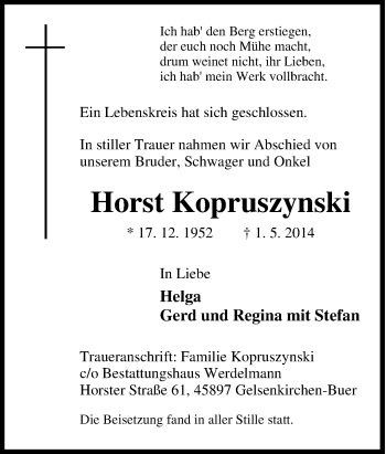 Traueranzeige von Horst Kopruszynski von Tageszeitung