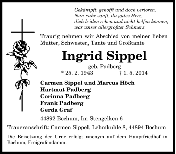 Traueranzeige von Ingrid Sippel von Tageszeitung