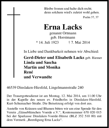 Traueranzeige von Erna Lacks von Tageszeitung