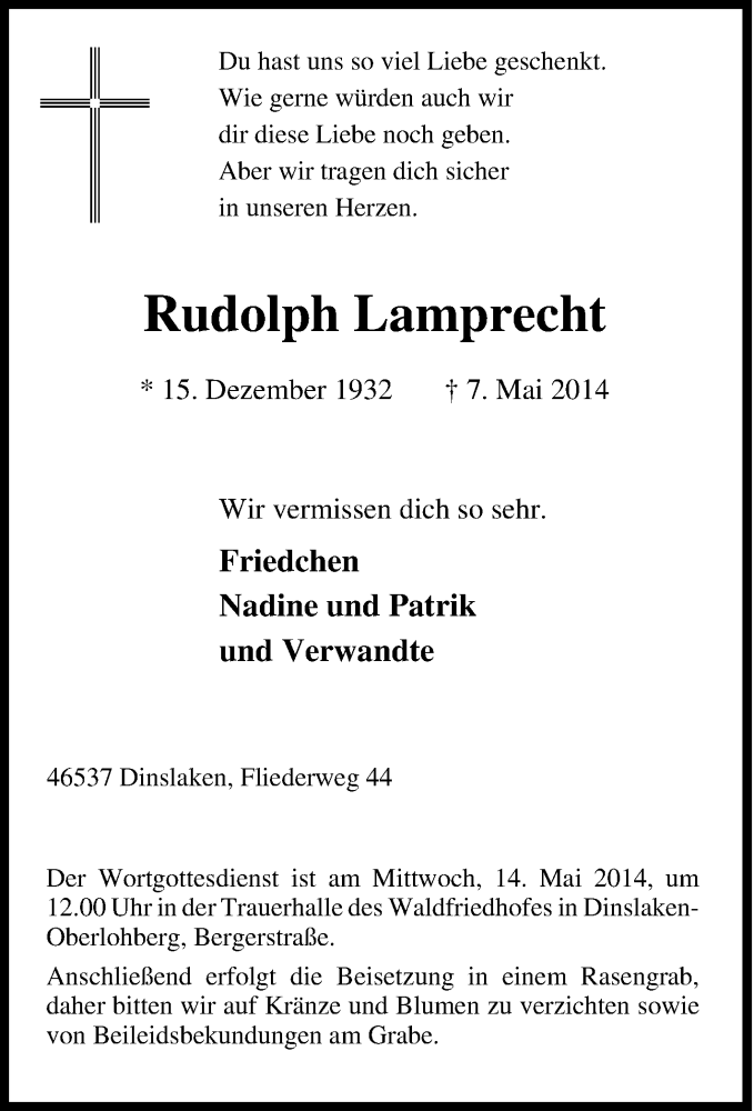  Traueranzeige für Rudolph Lamprecht vom 10.05.2014 aus Tageszeitung