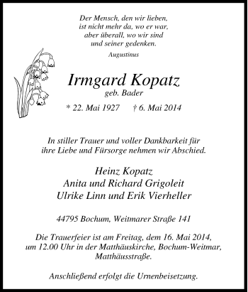 Traueranzeige von Irmgard Kopatz von Tageszeitung