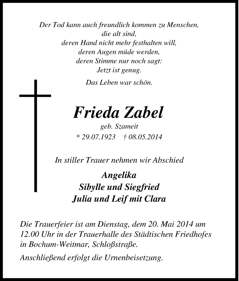  Traueranzeige für Frieda Zabel vom 10.05.2014 aus Tageszeitung
