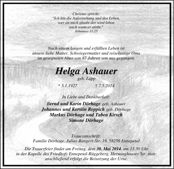 Traueranzeige von Helga Ashauer von Tageszeitung