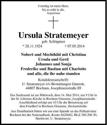 Traueranzeige von Ursula Stratemeyer von Tageszeitung