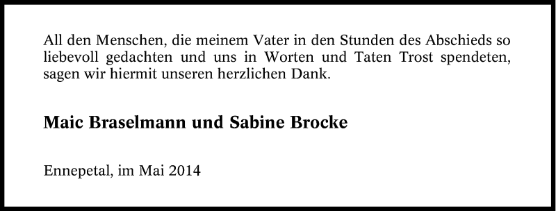  Traueranzeige für Herzliche Dank  vom 10.05.2014 aus Tageszeitung