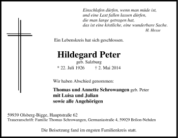 Traueranzeige von Hildegard Peter von Tageszeitung