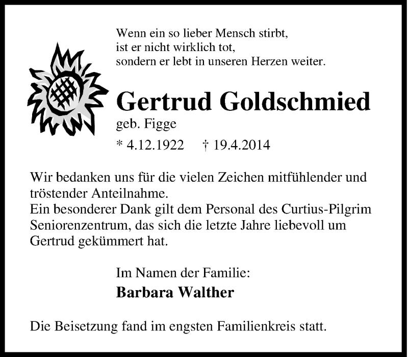  Traueranzeige für Gertrud Goldschmied vom 10.05.2014 aus Tageszeitung