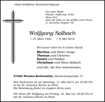 Traueranzeige von Wolfgang Solbach von Tageszeitung