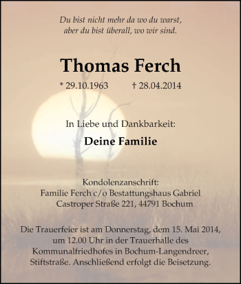 Traueranzeige von Thomas Ferch von Tageszeitung