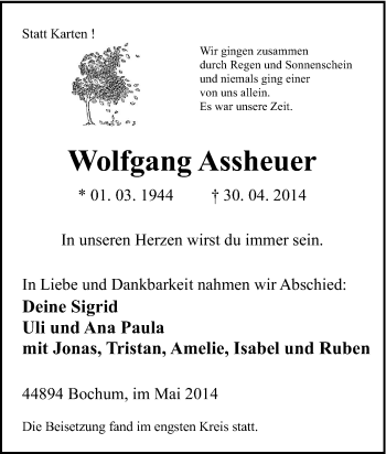 Traueranzeige von Wolfgang Assheuer von Tageszeitung