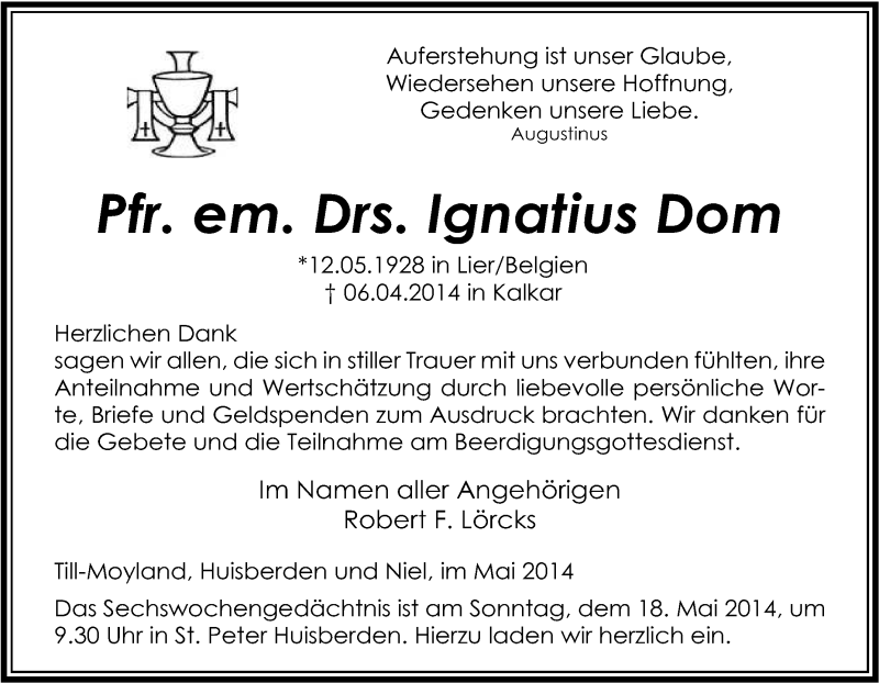  Traueranzeige für Ignatius Dom vom 10.05.2014 aus Tageszeitung