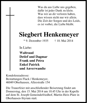 Traueranzeige von Siegbert Henkemeyer von Tageszeitung