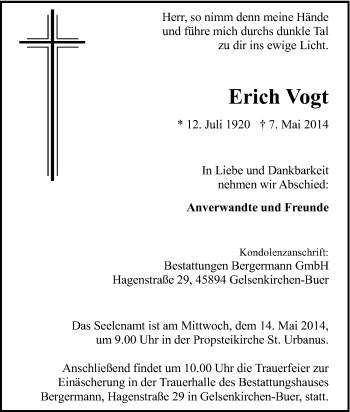 Traueranzeige von Erich Vogt von Tageszeitung