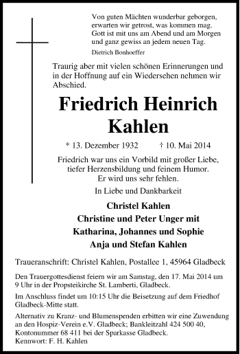 Traueranzeige von Friedrich Heinrich Kahlen von Tageszeitung