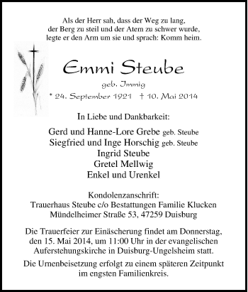Traueranzeige von Emmi Steube von Tageszeitung