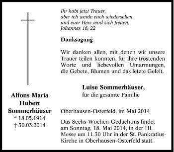 Traueranzeige von Alfons Maria Hubert Sommerhäuser von Tageszeitung