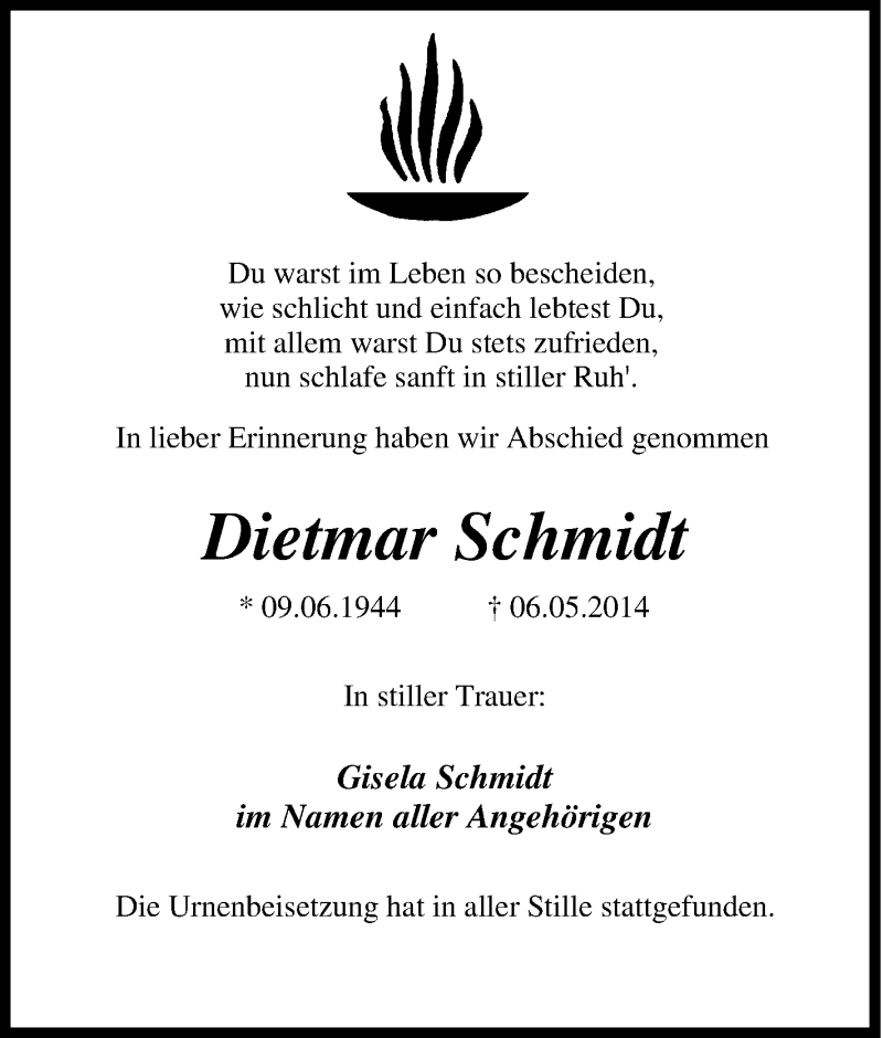 Traueranzeigen von Dietmar Schmidt TrauerinNRW.de