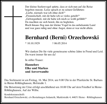 Traueranzeige von Bernahrd Orzechowski von Tageszeitung