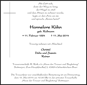 Traueranzeige von Hannelore Kühn von Tageszeitung