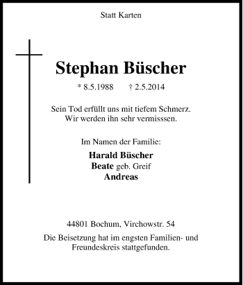 Traueranzeige von Stephan Büscher von Tageszeitung