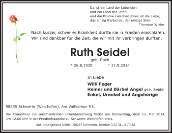 Traueranzeige von Ruth Seidel von Tageszeitung