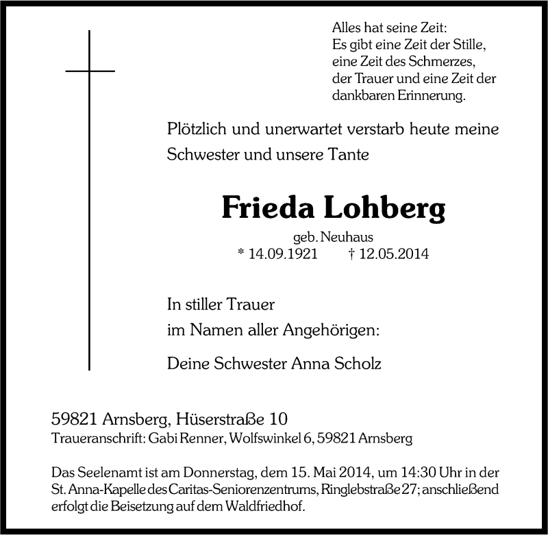  Traueranzeige für Frieda Lohberg vom 13.05.2014 aus Tageszeitung