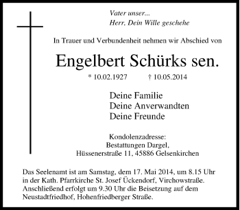 Traueranzeige von Engelbert Schürks von Tageszeitung
