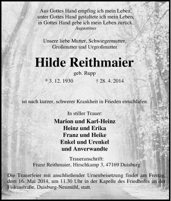 Traueranzeige von Hilde Reithmaier von Tageszeitung