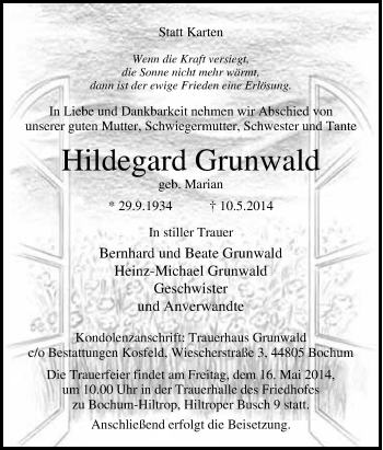 Traueranzeige von Hildegard Grunwald von Tageszeitung