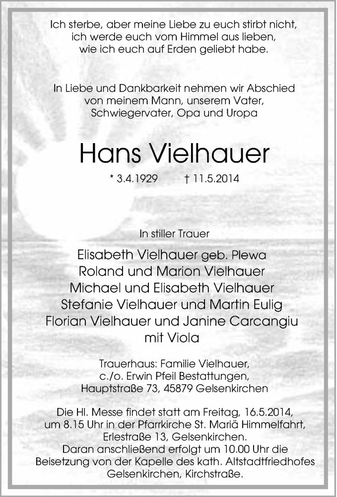 Traueranzeigen von Hans Vielhauer TrauerinNRW.de